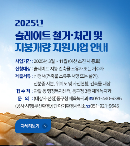 2025년 슬레이트 철거 · 처리 및 지붕개량 지원사업 안내
사업기간 : 2025년 3월 ~ 11월 (예산 소진 시 종료)
신청대상 : 슬레이트 지붕 건축물 소유자 또는 거주자
제출서류 : 신청서(건축물 소유주 서명 또는 날인), 신분증 사본, 위치도 및 사진현황, 건축물 대장
접수처  : 관할 동 행정복지센터, 동구청 3층 체육녹지과
문의: (대상자 선정)동구청 체육녹지과 ☎051-440-4386 
(공사 시행)부산환경공단 대기환경사업소 ☎051-921-9645
자세히보기
