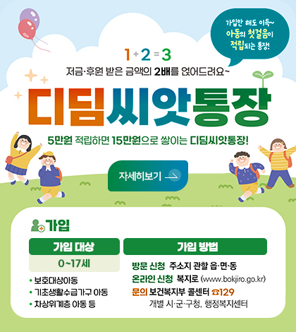 1+2=3
저금 후원받은 금액의 2배를 얹어드려요~
가입만해도이득~아동의 첫걸음이 적립되는 통장!
디딤씨앗통장
5만원 적립하면 15만원으로 쌓이는 디딤씨앗통장!
자세히보기
가입
가입대상 0~17세
보호대상아동
기초생활수급가구아동
차상위계층 아동 등
가입방법
방문신청 주소지 관할 읍면동
온라인신청 복지로(www.bokfiro.go.kr)
문의 보건복지부 콜센터129 개별 시군구청 행정복지센터