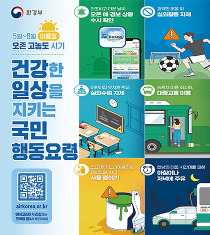 환경부
5월~8월 오존 고농도 시기
건강한 일상을 지키는 국민 행동요령
airkorea.or.kr
(https://airkorea.or.kr/web/)
에어코리아 누리집 또는 모바일 앱에서 확인하세요
건조하고 더운 날씨 오존 예경보 상황 수시확인
과격한 운동 및 실회활동 자제
어린이집 유치원 학교 실외수업 자제
승요차 이용 최소화, 대중교통 이용
스프레이, 드라이클리닝, 페이트칠,시너 사용 줄이기
한낮의 더운 시간대를 피해 아침이나 저녁에 주유
