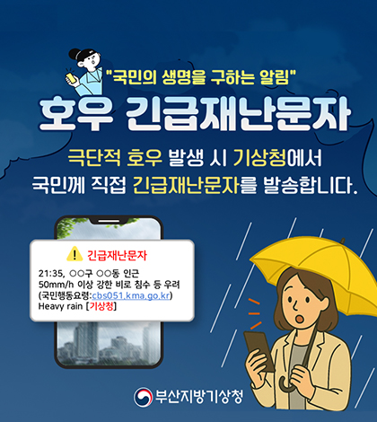 국민의 생명을 구하는 알림
호우 긴급재난문자
극단적호우발생시 기상청에서 국민께 직접 긴급재난문자를 발송합니다.
긴급재난문자
21:35,ㅇㅇ궁ㅇ동 인근 50mm/h 이상 강한 비로 침수 등 우려
(국민행동요령:cbs051.kma.go.kr)Heavy rain기상청
부산지방기상청