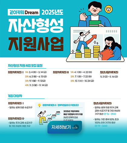 가팅 키워 드림 
2025년도 자산형성 지원사업

*자산형성 지원사업 모집일정
희망저축계좌 1
1차. 3. 4(화)~3.14(금)
2차.6.2(월)~6.13(금)
3차. 9.1(월) ~9.12(금)
4차. 11.3(월) ~11.14 (금)
희망저축계좌 2
 1차. 4.1(화)~4.22 (화)
2차. 7.1(화)~7.22 (화)
3차. 10.1(수)~10.24 (금)


청년내일저축계좌
5.2(금)~5.16(금)

가입 대상자

희망저축계좌1
-일하는 생계,의료 수급가구
희망저축계좌2
자세히모기 



