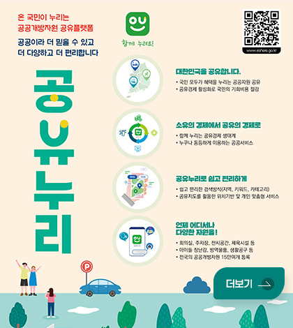 온 국민이 누리는
공공개방자원 공유플랫폼
공공이라 더 믿을 수 있고
더 다양하고 더 편리합니다
공유누리

QR코드 (링크 바로가기 : https://m.site.naver.com/1XRos)
eshare.go.kr

대한민국을 공유합니다.
• 국민 모두가 혜택을 누리는 공공자원 공유
• 공유경제 활성화로 국민의 기회비용 절감

소유의 경제에서 공유의 경제로
• 함께 누리는 공유경제 생태계
• 누구나 동등하게 이용하는 공공서비스

공유누리로 쉽고 편리하게
• 쉽고 편리한 검색방식(지역, 키워드, 카테고리)
• 공유지도를 활용한 위치기반 및 개인 맞춤형 서비스

언제 어디서나 다양한 자원을!
• 회의실, 주차장, 전시공간, 체육시설 등
• 아이들 장난감, 방역물품, 생활공구 등
• 전국의 공공개방자원 15만여개 등록

더보기