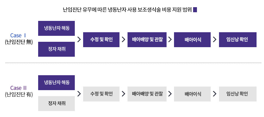 난임진단 유무에 따른 냉동난자 사용 보조생식술 비용 지원 범위
1. [Case Ⅰ(난임진단 無)]-냉동난자해동,정자 채취- 수정 및 확인 -배아배양 및 관찰 - 배아이식 - 임신낭 확인: 지원
2. [Case Ⅱ(난임진단 有)] - 냉동난자해동 까지 지원 - 정자채취부터 수정 및 확인, 배아배양 및 관찰, 배아이식, 임신낭 확인 지원안됨