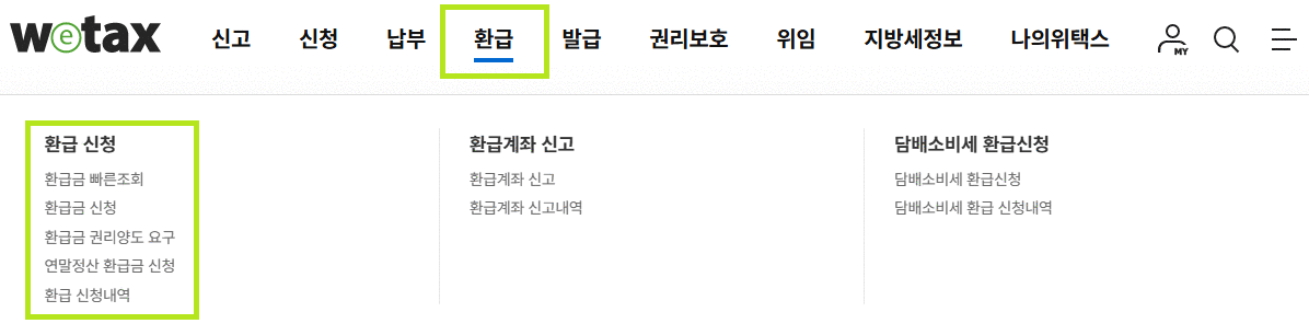 위택스사이트-환급신청- 환급금 간단조회, 환급금 조회 신청 메뉴 선택