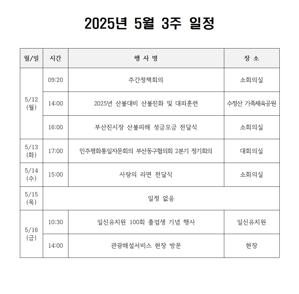 2025년 5월 3주 일정  상세 내용은 첨부 파일 참조