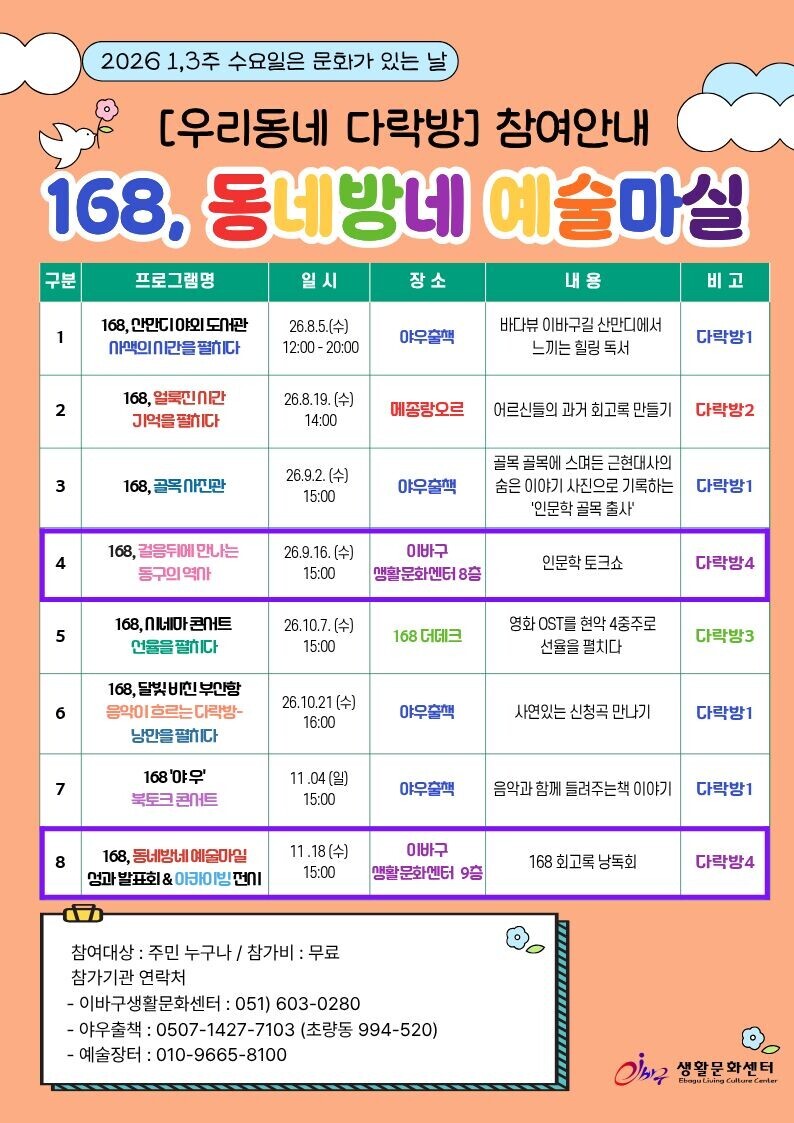 [이바구 생활문화센터] 168, 동네방네 예술마실 일정안내 상세 내용은 첨부 파일 참조