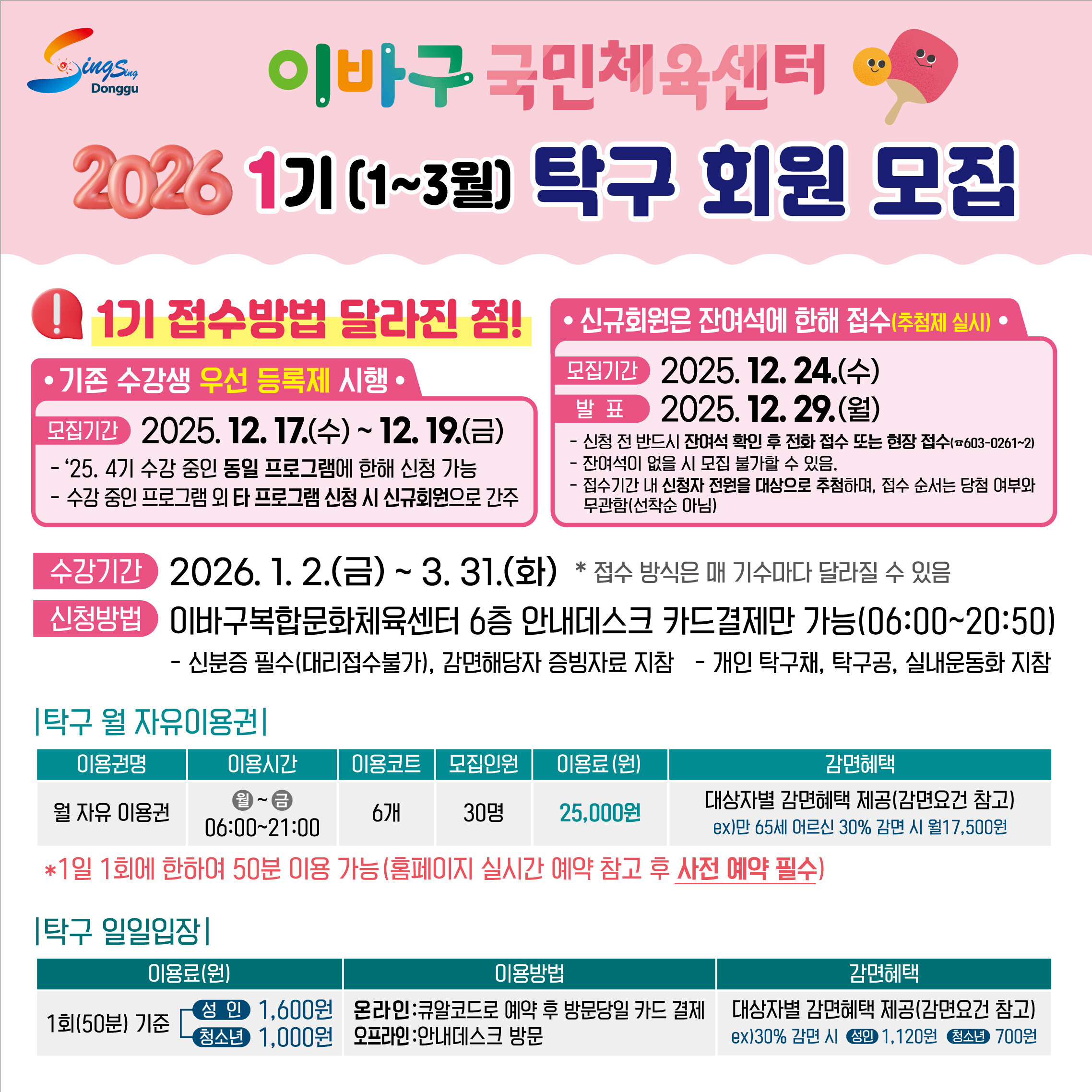 2026년 1기(1~3월) 프로그램 안내(접수방법, 수강료 변경) 상세 내용은 첨부 파일 참조