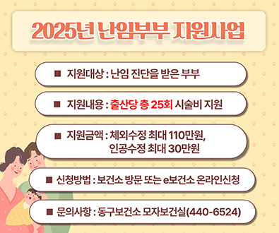 2025년 난임부부 지원사업
지우너대상 난임 진단을 받은 부부
지원내용 출산당 총25회 시술비 지원
지원금액 체외수정 최대 110만원, 인공수정 최대30만원
신청방법 보건소 방문 또는 e보건소 온라인신청
문의사항 동구보건소 모자보건실440-6524