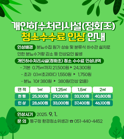개인하수처리시설(정화조) 청소수수료 인상 안내
*인상배경 : 분뇨수집 원가 상승 및 분류식 하수관 설치로 인한 분뇨수거량 감소 등 인상요인 발생
*개인하수처리시설(정화조) 청소 수수료 인상내역
    - 기본  0.75㎥까지 21,500원 > 24,300원  
    - 초과  0.1㎥초과마다 1,550원 > 1,750원
    - 분뇨  10ℓ 380원 > 380원(인상 없음)

면 적 / 1㎥ / 1.25㎥ / 1.5㎥ / 2㎥ / 
현 행/ 25,300원 / 29,200원 / 33,100원 /40,800원 / 
인 상 / 28,600원 / 33,000원 / 37,400원 / 46,100원 /
*인상시기 : 2025. 9. 1.
*문    의 : 동구청 환경청소위생과 ☎ 051-440-4452