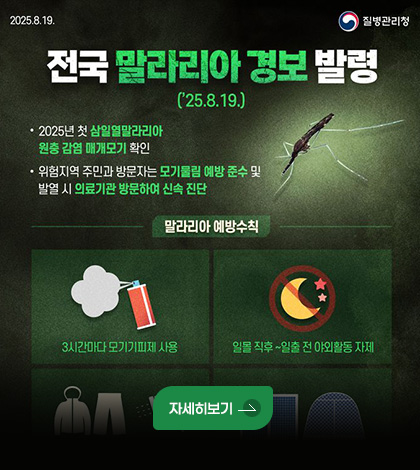 2025.8.19. 질병관리청
전국 말라리아 경보 발령('25.8.19.)
- 2025년 첫 삼일열말라리아 원충 감염 매개모기 확인
- 위험지역 주민과 방문자는 모기물림 예방 준수 및 발열 시 의료기관 방문하여 신속 진단
말라리아 예방수칙
- 3시간마다 모기기피제 사용
- 일몰 직후~일출 전 야외활동 자제
자세히보기
