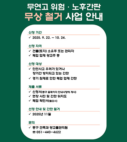 무연고 위험 · 노후간판 무상 철거 사업 안내

신청 기간 : 2025. 9. 22. ~ 10. 24.

신청 자격
- 건물(토지) 소유주 또는 관리자
- 폐업 업체 광고주 등

신청 대상
- 안전사고 우려가 있거나
- 장기간 방치되고 있는 간판
- 경기 침체로 인한 테업 업체 간판

제출 서류
- 신청서(공구 홈페이지 안내사항에 계시)
- 현장 사진 및 간판 위치도
- 폐업 확인서(필요시)
선정 안내 및 간판 철거 : 2025년 11월
문의 : 동구 건축과 광고를관리림 ☎ 051-440-4622