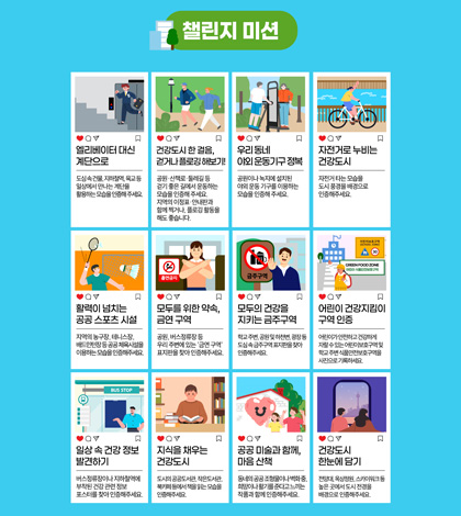 챌린지 미션

엘리베이터 대신 계단으로
도심속건물, 지하철역, 육교등 일상에서 만나는 계단을 활용하는 모습을 인증해주세요.

건강도시 한걸음, 걷거나 플로깅 해보기!
공원산책로·둘레길 등 걷기 좋은 길에서 운동하는 모습을 인증해 주세요. 지역의 이정표. 안내판과 함께 찍거나, 플로깅 활동을 해도 좋습니다.

우리동네 야외운동기구정복
공원이나 녹지에 설치된 야외운동기구를 이용하는 모습을 인증해주세요.

자전거로 누비는 건강도시
자전거 타는 모습을 도시 풍경을 배경으로 인증해주세요.

활력이 넘치는 공공 스포츠 시설
지역의 농구장, 테니스장, 배드민턴장 등 공공 체육시설을 이용하는 모습을 인증해주세요.

모두를 위한 약속, 금연구역
공원, 버스정류장 등 우리 주변에 있는 금연구역 표지판을 찾아 인증해주세요.

모두의 건강을 지키는 금주구역
학교 주변, 공원 및 하천변, 광장등 도심 속 금주구역 표지판을찾아 인증해주세요.

어린이건강지킴이 구역 인증
어린이가 안전하고 건강하게 자랄 수 있는 어린이보호구역 및 학교 주변 식품안전보호구역을 사진으로 기록하세요.

일상 속 건강정보 발견하기
버스정류장이나 지하철역에 부착된 건강 관련 정보 포스터를 찾아 인증해주세요.

지식을 채우는 건강도시
도시의 공공도서관, 작은도서관, 북카페 등에서 책을 읽는 모습을 인증해주세요.

공공 미술과 함께, 마음 산책
동네의 공공 조형물이나 벽화 중, 희망이나 활기를 준다고 느끼는 작품과 함께 인증해주세요.

건강도시 한눈에 담기
전망대,옥상정원, 스카이워크등 높은 곳에서 도시 전경을 배경으로 인증해주세요.