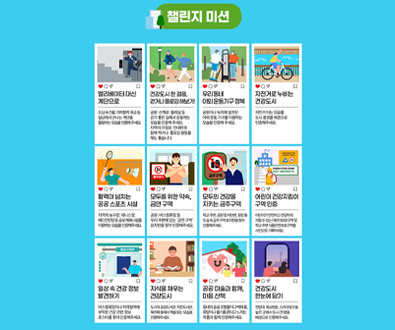 챌린지 미션

엘리베이터 대신 계단으로
도심속건물, 지하철역, 육교등 일상에서 만나는 계단을 활용하는 모습을 인증해주세요.

건강도시 한걸음, 걷거나 플로깅 해보기!
공원산책로·둘레길 등 걷기 좋은 길에서 운동하는 모습을 인증해 주세요. 지역의 이정표. 안내판과 함께 찍거나, 플로깅 활동을 해도 좋습니다.

우리동네 야외운동기구정복
공원이나 녹지에 설치된 야외운동기구를 이용하는 모습을 인증해주세요.

자전거로 누비는 건강도시
자전거 타는 모습을 도시 풍경을 배경으로 인증해주세요.

활력이 넘치는 공공 스포츠 시설
지역의 농구장, 테니스장, 배드민턴장 등 공공 체육시설을 이용하는 모습을 인증해주세요.

모두를 위한 약속, 금연구역
공원, 버스정류장 등 우리 주변에 있는 금연구역 표지판을 찾아 인증해주세요.

모두의 건강을 지키는 금주구역
학교 주변, 공원 및 하천변, 광장등 도심 속 금주구역 표지판을찾아 인증해주세요.

어린이건강지킴이 구역 인증
어린이가 안전하고 건강하게 자랄 수 있는 어린이보호구역 및 학교 주변 식품안전보호구역을 사진으로 기록하세요.

일상 속 건강정보 발견하기
버스정류장이나 지하철역에 부착된 건강 관련 정보 포스터를 찾아 인증해주세요.

지식을 채우는 건강도시
도시의 공공도서관, 작은도서관, 북카페 등에서 책을 읽는 모습을 인증해주세요.

공공 미술과 함께, 마음 산책
동네의 공공 조형물이나 벽화 중, 희망이나 활기를 준다고 느끼는 작품과 함께 인증해주세요.

건강도시 한눈에 담기
전망대,옥상정원, 스카이워크등 높은 곳에서 도시 전경을 배경으로 인증해주세요.