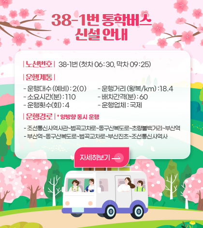 38-1번 통학버스 신설 안내

| 노선번호 | 38-1번 (첫차 06:30, 막차 09:25)
| 운행계통 | 
- 운행대수 (예비) : 2(0)        
- 운행거리 (왕복/km) :18.4
- 소요시간(분) : 110              
- 배차간격(분) : 60
- 운행횟수(회) : 4                     
- 운행업체 : 국제
| 운행경로 | * 양방향 동시 운행
- 조선통신사역사관~범곡교차로~동구산복도로~초량불백거리~부산역
- 부산역~동구산복도로~범곡교차로~부산진초~조선통신사역사

자세히보기