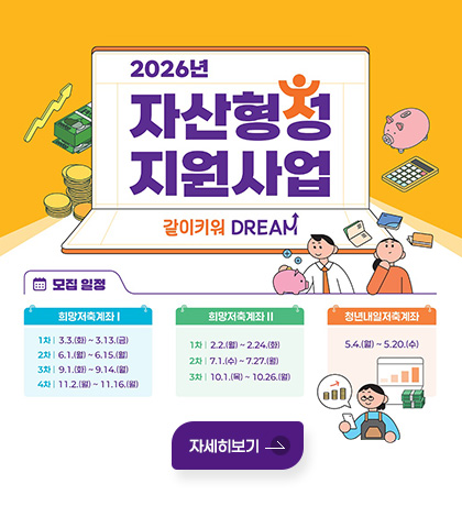 2026년 자산형성 지원사업
같이키워 DREAM
모집 일정
희망저축계좌 Ⅰ
1차 | 3.3.(화) ~ 3.13.(금)
2차 | 6.1.(월) ~ 6.15.(월)
3차 | 9.1.(화) ~ 9.14.(월)
4차 | 11.2.(월) ~ 11.16.(월)
희망저축계좌 Ⅱ
1차 | 2.2.(월) ~2.24.(화)
2차 | 7.1.(수) ~ 7.27.(월)
3차 | 10.1.(목) ~ 10.26.(월)
청년내일저축계좌
5.4.(월) ~ 5.20.(수)
자세히보기