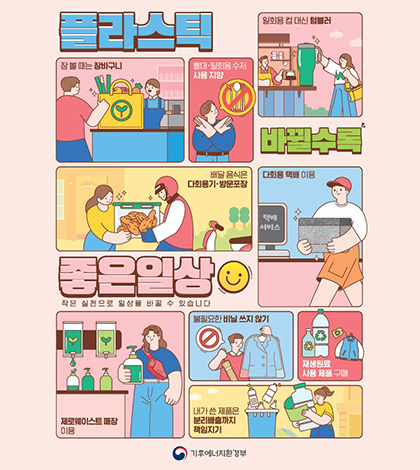 플라스틱 바뀔수록 좋은일상
작은 실천으로 일상을 바꿀 수 있습니다

장 볼 때는 장바구니
빨대·일회용 수저 사용 지양
일회용 컵 대신 텀블러
배달 음식은 다회용기·방문포장
다회용 택배 이용
제로웨이스트 매장 이용
불필요한 비닐 쓰지 않기
재생원료 사용 제품 구매
내가 쓴 제품은 분리배출까지 책임지기

기후에너지환경부