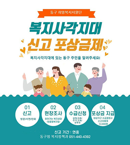 동구 희망복지지원단

복지사각지대 신고 포상금제
복지사각지대에 있는 동구 주민을 알려주세요!

01
신고
방문/서면/전화

02
현장조사
찾아가는 복지상담
-맞춤형복지팀-

03
수급신청
생계,의료/ 주거,교육/ 한부모

04
포상금 지급
대상가구 수급결정시
신고자에게
50,000원

신고 기간 : 연중
동구청 복지정책과 051-440-4392