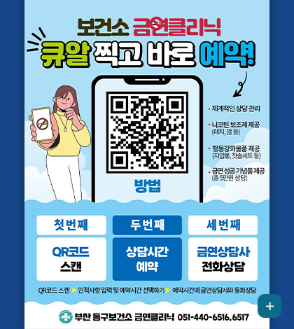 보건소 금연클리닉
큐알 찍고 바로 예약!

QR코드링크(https://m.site.naver.com/1BPWI)
방법

·체계적인 상담 관리
·니코틴 보조제 제공(패치, 껌 등)

·행동강화물품제공
(지압봉, 칫솔세트 등)

·금연 성공 기념품 제공
(총 5만원 상당)

첫번째
QR코드스캔

두번째
상담시간 예약

세번째
금연상담사 전화상담

QR코드 스캔 ▶ 인적사항 입력 및 예약시간 선택하기 ▶ 예약시간에 금연상담사와 통화상담

부산 동구보건소 금연클리닉 051-440-6516,6517

더보기+