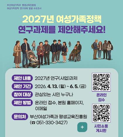 부산여성가족과 평생교육진흥원 
여성가족정책 연구과제 발굴 수요조사

2027년 여성가족정책 연구과제를 제안해주세요!
제안 내용: 2027년 연구(사업)과제
제안 기간: 2026. 4. 13. (월) ~ 6. 5. (금)
참여 대상: 관심있는 시민 누구나
제안 방법: 온라인 접수, 본원 홈페이지, 이메일
문의처: 부산여성가족과 평생교육진흥원(☎ 051-330-3427)

온라인접수 QR코드 (링크바로가기 : https://docs.google.com/forms/d/e/1FAIpQLSeWfIDynhx64D73jukcXN29GwG7v8lvcBFPJITXYkrN4YE-Og/viewform)
시민소통게시판 QR코드 (링크바로가기 : https://www.bgli.re.kr/kor/CMS/Sugang/view.do)
더보기