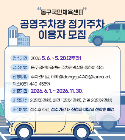 동구국민체육센터
공영주차장 정기주차
이용자 모집

접수기간
2026. 5. 6. ~ 5. 20.(2주간)

접수방법
동구국민체육센터 주차관리실을 통하여 접수

신청방법
주차관리실, 이메일(donggu4742@korea.kr), 팩스(051-440-4559)

배정기간
2026. 6. 1. ~ 2026. 11. 30.

배정면수
20면(5만원), 야간 10면(4만원), 전일 20면(9만원)

배정방법
접수후 추첨, 접수기간 내 신청자 미달시 선착순 배정