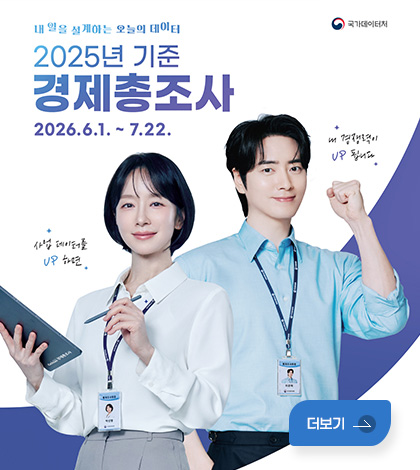 국가데이터처
내 일을 설계하는 오늘의 데이터
2025년 기준 경제총조사
2026.6.1. ~ 7.22.

사업 데이터를 UP 하면
내 경쟁력이 UP 됩니다
더보기