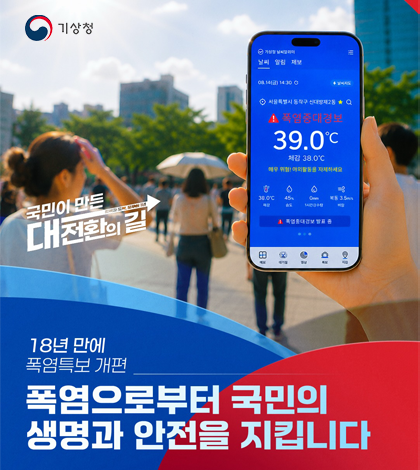 기상청
국민이 만든 대전환의 길
18년 만에 폭염특보 개편
폭염으로부터 국민의 생명과 안전을 지킵니다