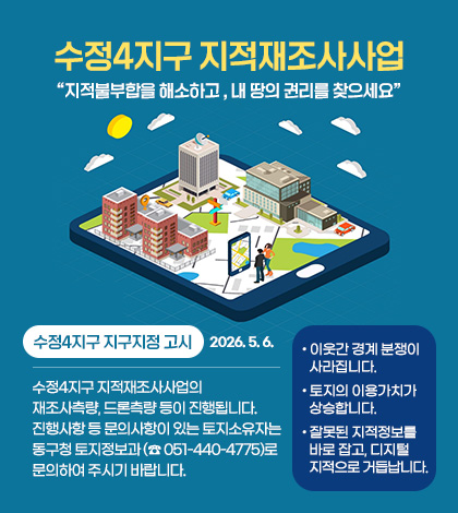수정4지구 지적재조사사업
지적불부합을 해소하고 , 내 땅의 권리를 찾으세요
수정4지구 지구지정 고시 2026. 5. 6.
수정4지구 지적재조사사업의 재조사측량, 드론측량 등이 진행됩니다.
진행사항 등 문의사항이 있는 토지소유자는 동구청 토지정보과 (☎ 051-440-4775)로 문의하여 주시기 바랍니다.
- 이웃간 경계 분쟁이 사라집니다.
- 토지의 이용가치가 상승합니다.
- 잘못된 지적정보를 바로 잡고, 디지털 지적으로 거듭납니다.