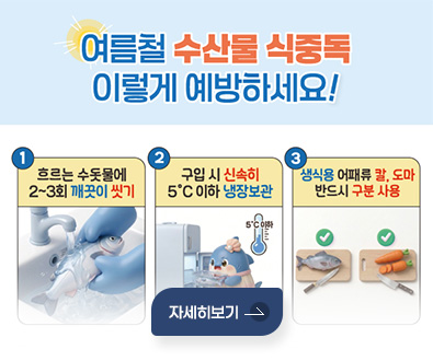 여름철 수산물 식중독 이렇게 예방하세요!
1 흐르는 수돗물에 2~3회 깨끗이 씻기
2 구입 시 신속히 5℃ 이하 냉장보관
3 생식용 어패류 칼, 도마 반드시 구분 사용
자세히보