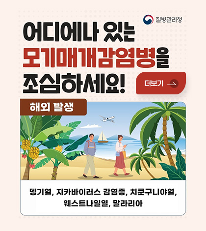 질병관리청
어디에나 있는 모기매개감염병을 조심하세요!
해외 발생
뎅기열, 지카바이러스 감염증, 치쿤구니야열, 웨스트나일열, 말라리아
더보기