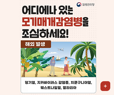 질병관리청
어디에나 있는 모기매개감염병을 조심하세요!
해외 발생
뎅기열, 지카바이러스 감염증, 치쿤구니야열, 웨스트나일열, 말라리아
더보기