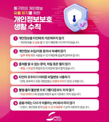 동구민의 개인정보 유출 방지를 위한 개인정보보호 생활 수칙

1 개인정보를 타인에게 가르쳐주지 않기
· 개인정보를 오·남용 할 수 있기 때문에 가르쳐주지 않습니다.

2 개인정보 수집/이용 동의서 자세히 읽기
· 업무 목적 외로 사용될 수 있기 때문에 꼼꼼히 읽어야 합니다.

3 출처를 알 수 없는 문자, 메일 등은 열지 않기
· 해킹, 스미싱의 위험이 있기 때문에 절대 열지 않습니다.

4 타인이 유추하기 어려운 비밀번호 사용하기
· 반복, 유추하기 쉬운 비밀번호는 해킹의 우려가 있으니 피합니다.

5. 불법·출처 불분명 프로그램 다운로드 하지 않기
· 악성 바이러스에 감염될 위험이 높아 다운로드 하지 않습니다.

6. 금융거래는 다수가 사용하는 PC에서 하지 않기
· 인증서, 개인정보 등이 남을 수 있기 때문에 가급적 사용하지 않습니다.

하버시티 동구