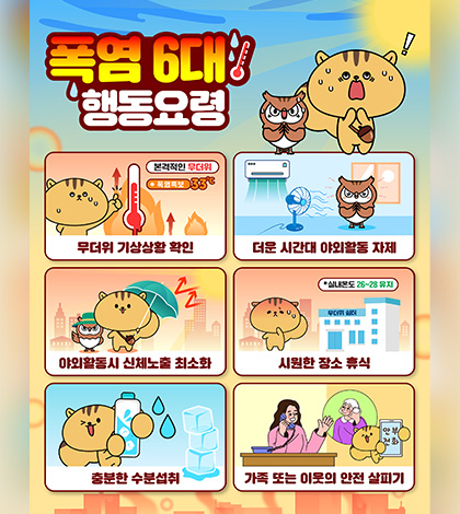 폭염 6대 행동요령
본격적인 무더워
폭염특보 33℃
- 무더위 기상상황 확인
- 더운 시간대 야외활동 자제
- 야외활동시 신체노출 최소화
실내온도 26-28 유지
- 시원한 장소 휴식
- 충분한 수분섭취
- 가족 또는 이웃의 안전 살피기
