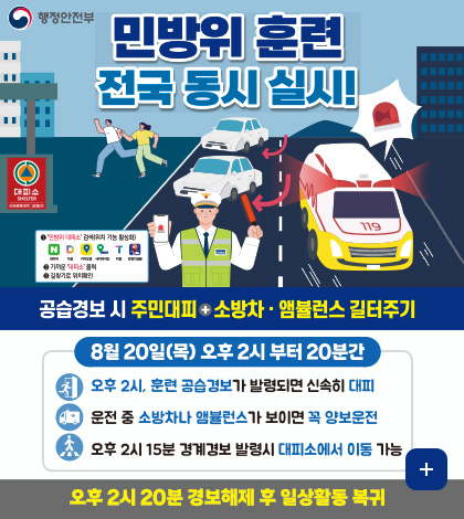 민방위 훈련 전국 동시 실시!
공습경보 시 주민대피 + 소방차 · 앰뷸런스 길터주기
8월 20일(목) 오후 2시부터 20분간
오후 2시, 훈련 공습경보가 발령되면 신속히 대피
운전 중 소방차나 앰뷸런스가 보이면 꼭 양보운전
오후 2시 15분 경계경보 발령시 대피소에서 이동 가능
오후 2시 20분 경보해제 후 일상활동 복귀
더보기+