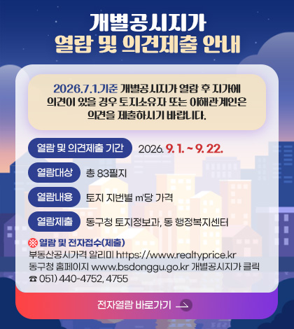 개별공시지가
열람 및 의견제출 안내
2026.7.1.기준 개별공시지가 열람 후 지가에
의견이 있을 경우 토지소유자 또는 이해관계인은
의견을 제출하시기 바랍니다.
열람 및 의견제출 기간
2026. 9. 1. ~ 9. 22.
열람대상
총 83필지
열람내용토지
지번별 ㎡당 가격
열람제출동구청
토지정보과, 동 행정복지센터
※ 열람 및 전자접수(제출)
부동산공시가격 알리미 https://www.realtyprice.kr
동구청 홈페이지 www.bsdonggu.go.kr 개별공시지가 클릭
☎ 051) 440-4752, 4755
전자열람 바로가기 >