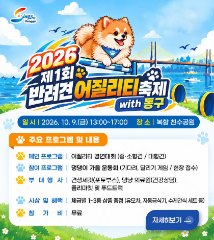 2026 제1회 반려견 어질리티 축제 with 동구
일시 | 2026.10.9.(금) 13:00 ~ 17:00
장소 | 북향 친수공원
주요 프로그램 및 내용
메인 프로그램 | 어질리티 경연대회 (중·소형견 / 대형견)
참여 프로그램 | 댕댕이 가을 운동회 (기다려, 달리기 게임 / 현장 접수)
부대행사 | 견생세컷(포토부스), 댕냥 의료원(건강상담), 플리마켓 및 푸드트럭
시상 및 혜택 | 체급별 1~3등 상품 증정 (유모차, 자동급식기, 수제간식 세트 등)
참가비 | 무료
자세히보기 >