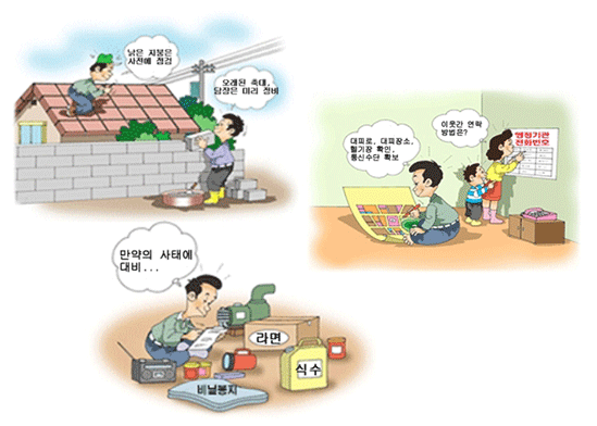 낡은 지붕은 사전에 점검. 오래된 축대, 담장은 미리 정비. 만약의 사태에 대비 라면, 식수, 비닐봉지 준비. 대피로, 대피장소, 헬기장 확인. 통신수단 확보. 이웃간 연락방법 및 행정기관 전화번호 고지